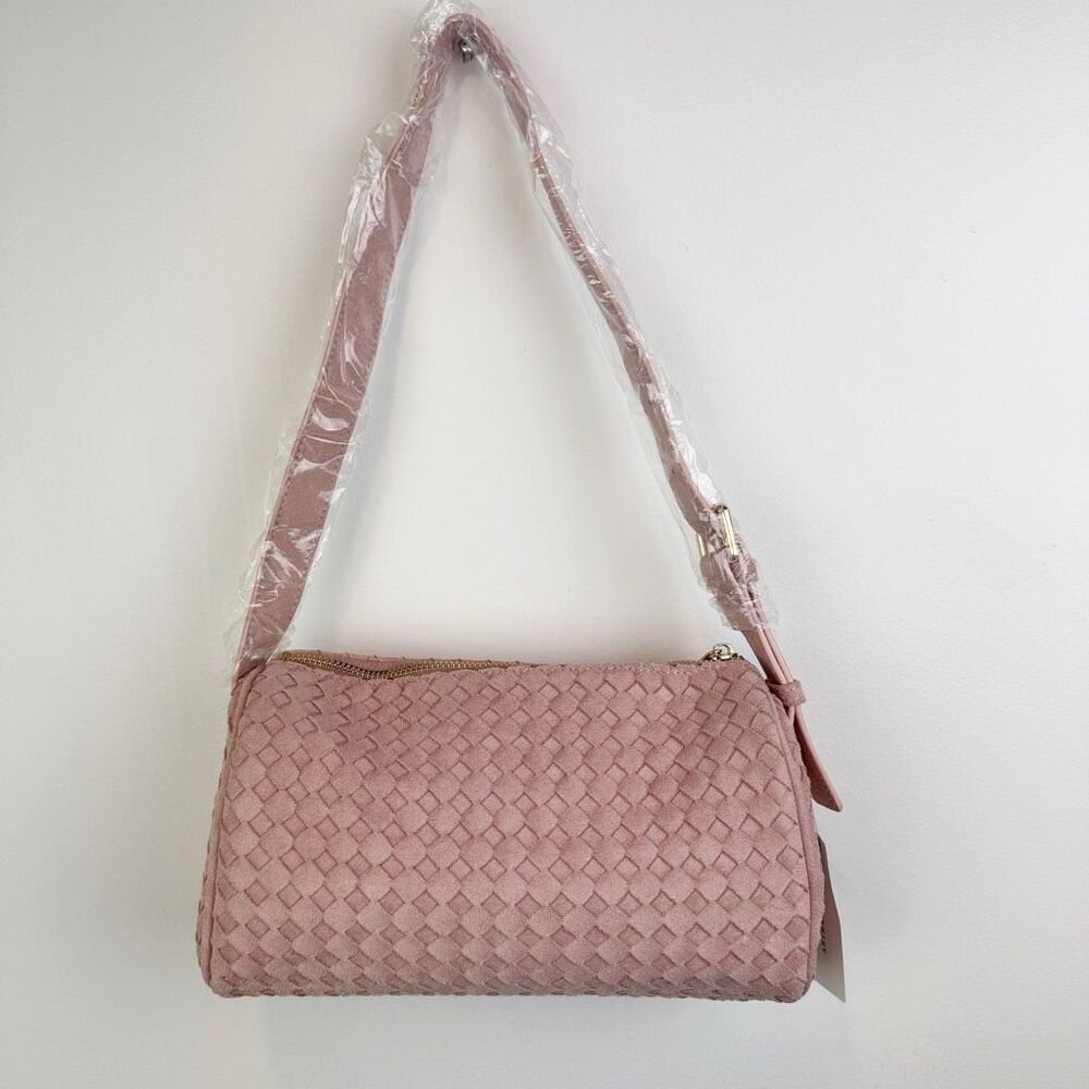 Anthropologie Woven Faux Suede Shoulder Bag Blush Pink Barrel Crossbody NWT - Picture 3 of 6